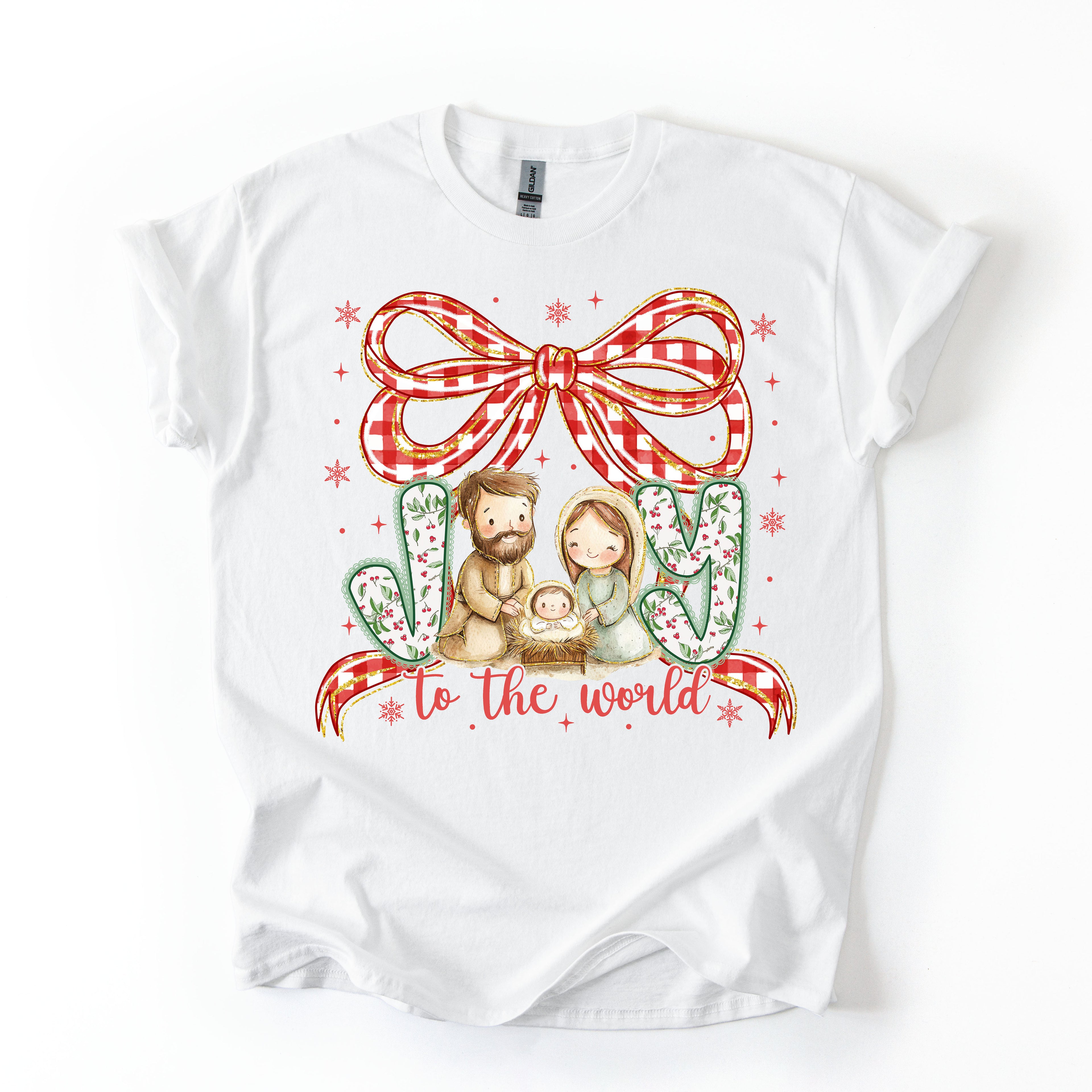 Joy to the World Christmas Nativity Bow Tee