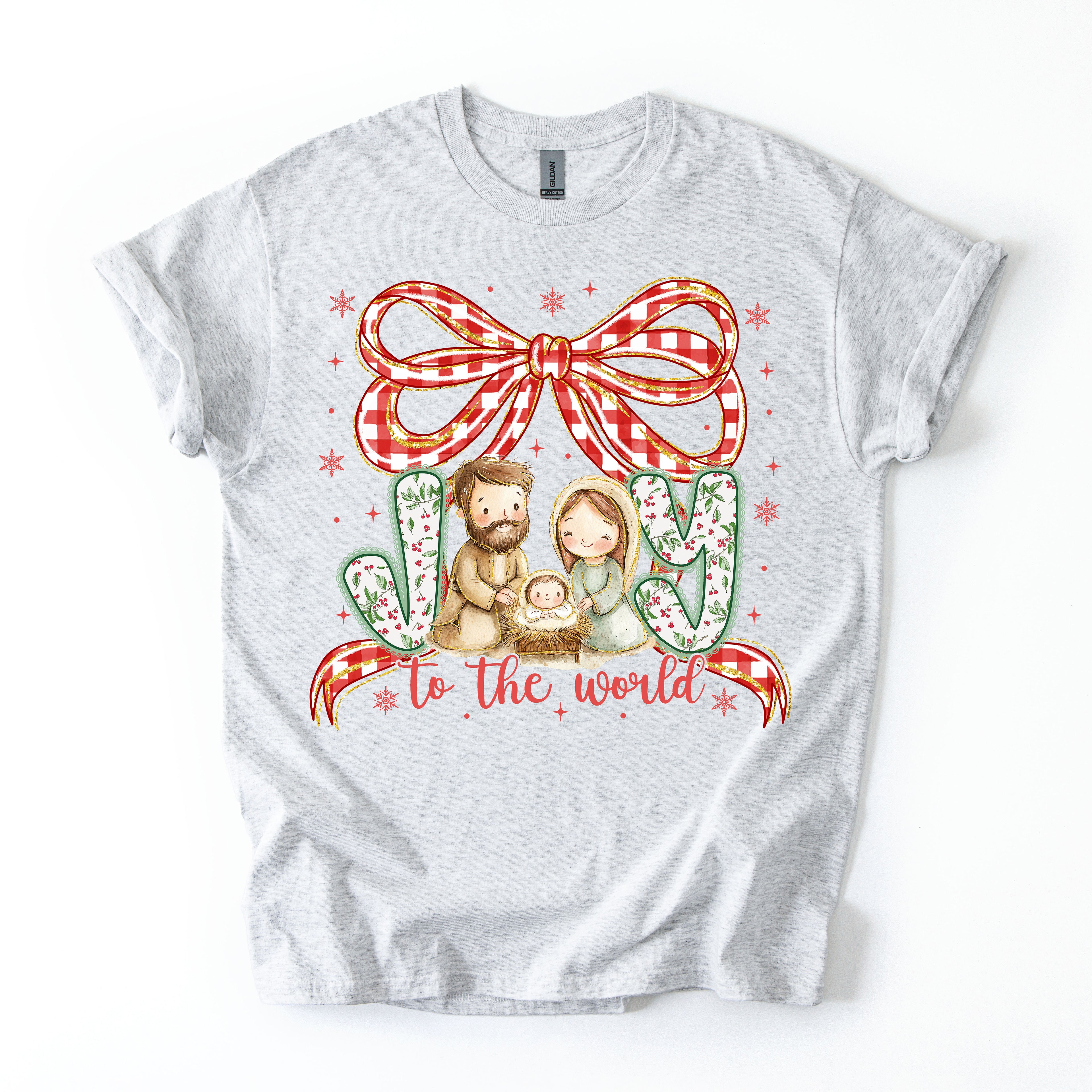 Joy to the World Christmas Nativity Bow Tee